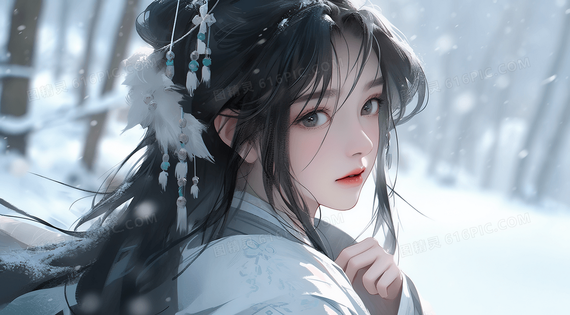 唯美古风冬日雪景中的少女创意插画