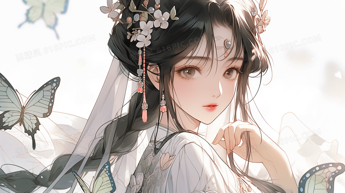 唯美古风美女蝴蝶少女创意插画