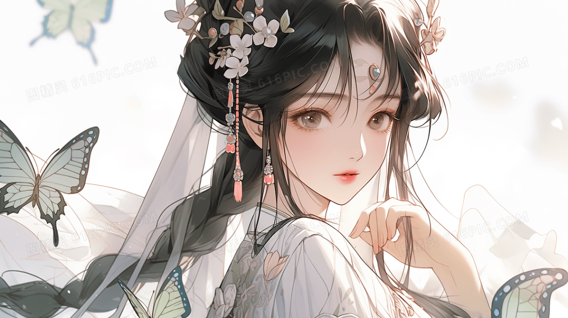 唯美古风美女蝴蝶少女创意插画