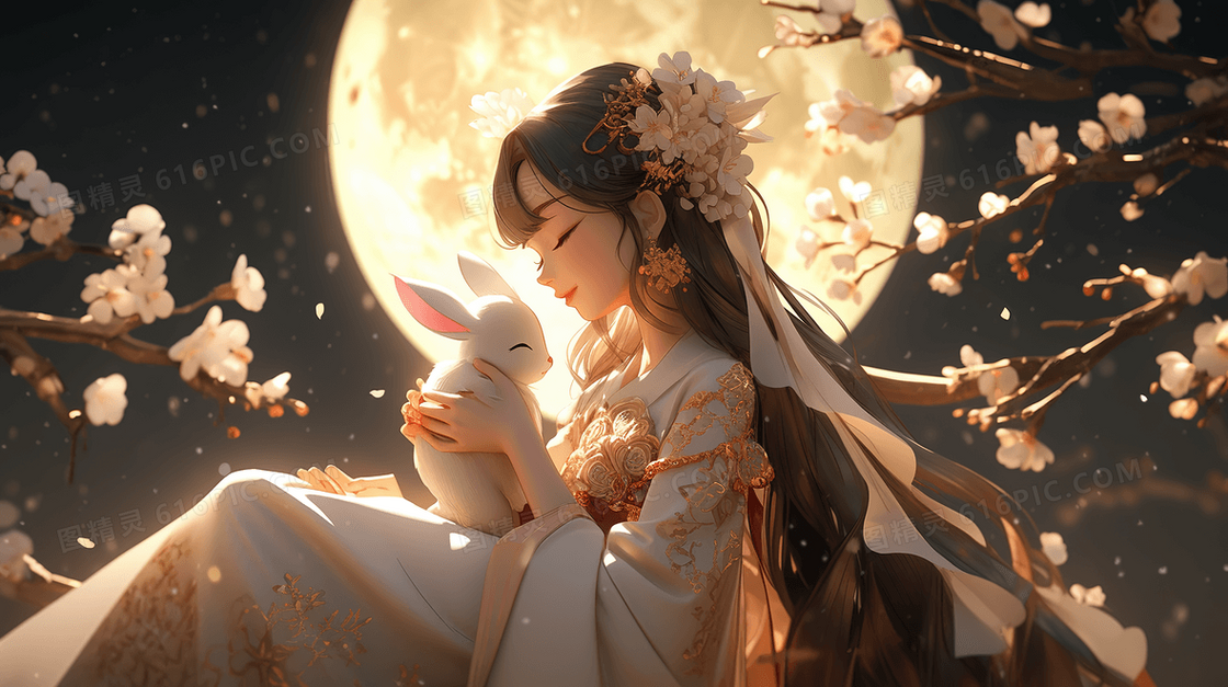 嫦娥仙子和玉兔中秋节创意插画