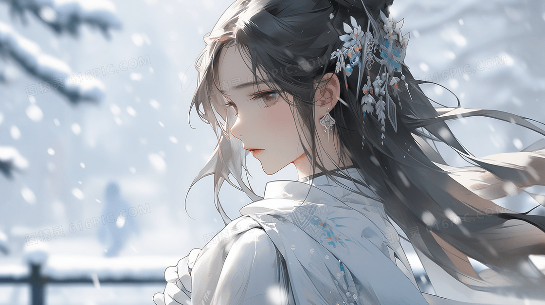 唯美古风冬日雪景中的少女创意插画