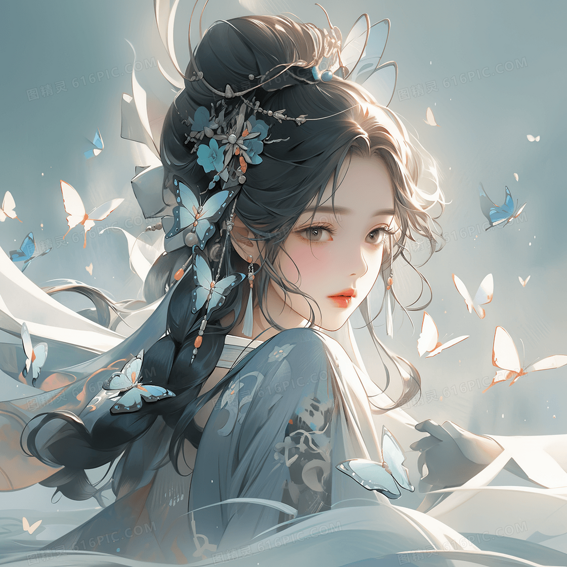 唯美古风美女蝴蝶少女创意插画