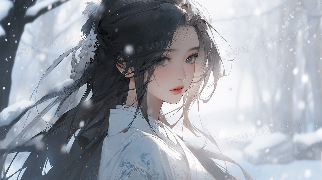 唯美古风冬日雪景中的少女创意插画