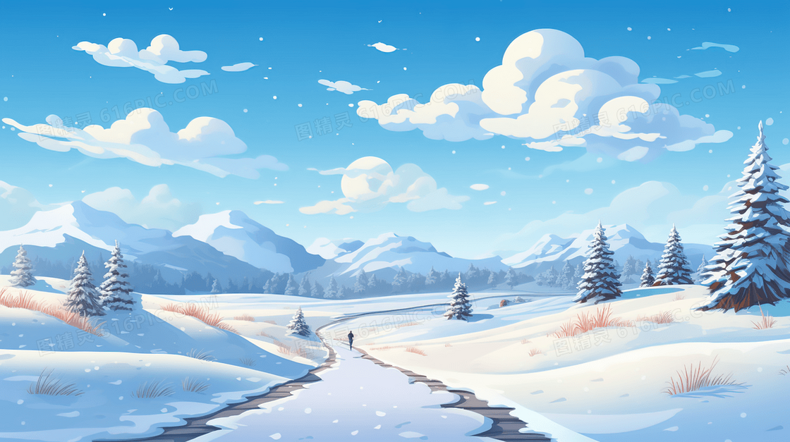 大雪覆盖的山间树林风景插画