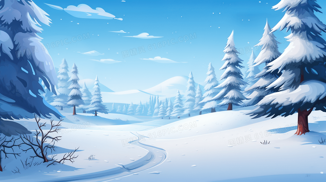 大雪覆盖的山间树林风景插画
