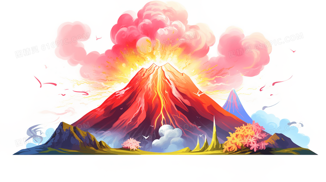 手绘火山爆发岩浆喷流插画