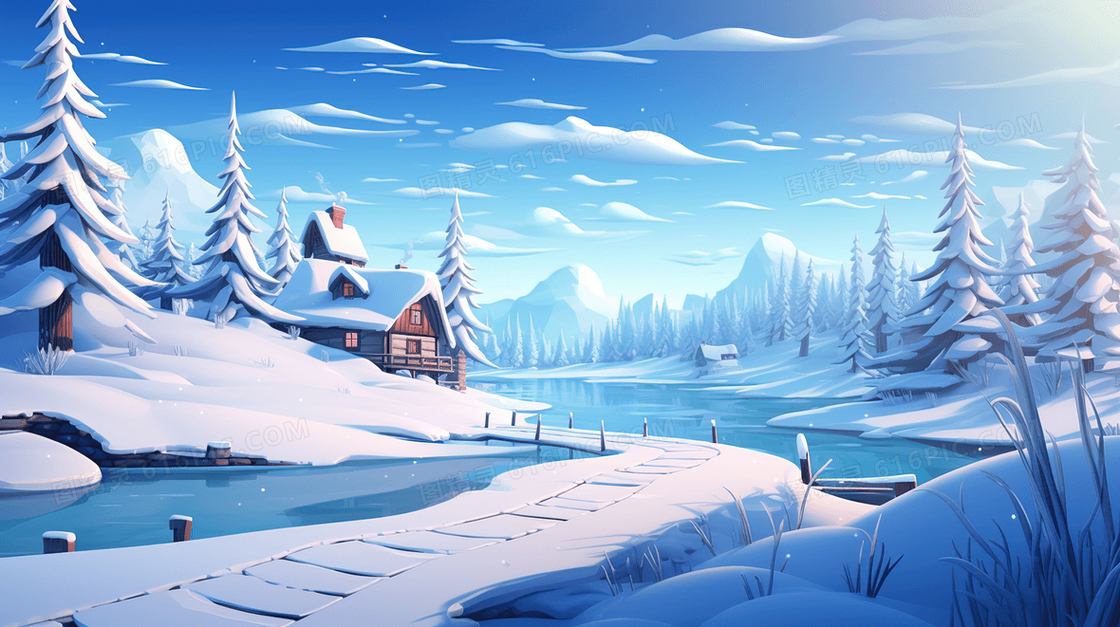 大雪覆盖的山间树林风景插画
