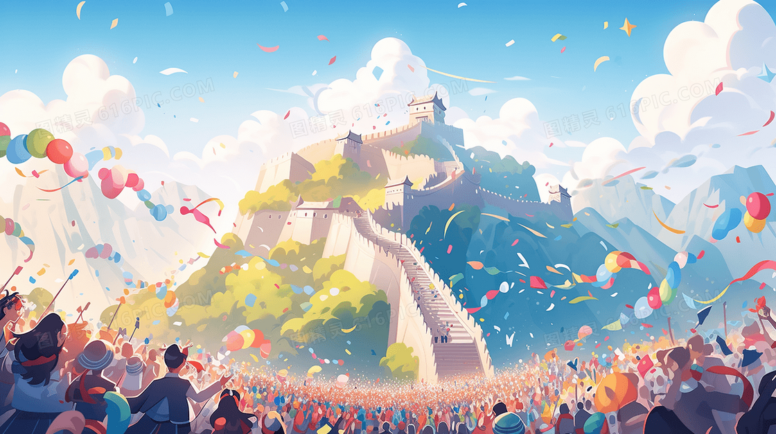 长城上空彩带飞舞欢庆国庆节创意插画