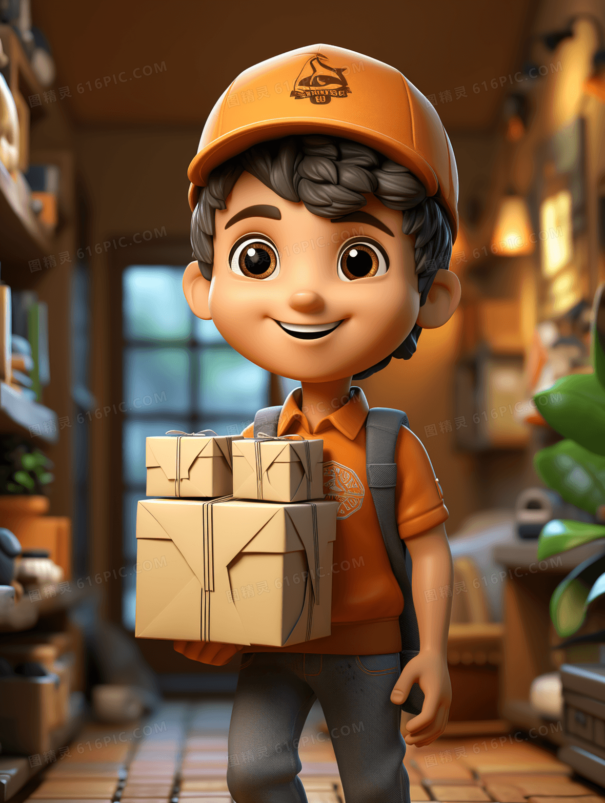 3d卡通一个快递员拿着快递插画