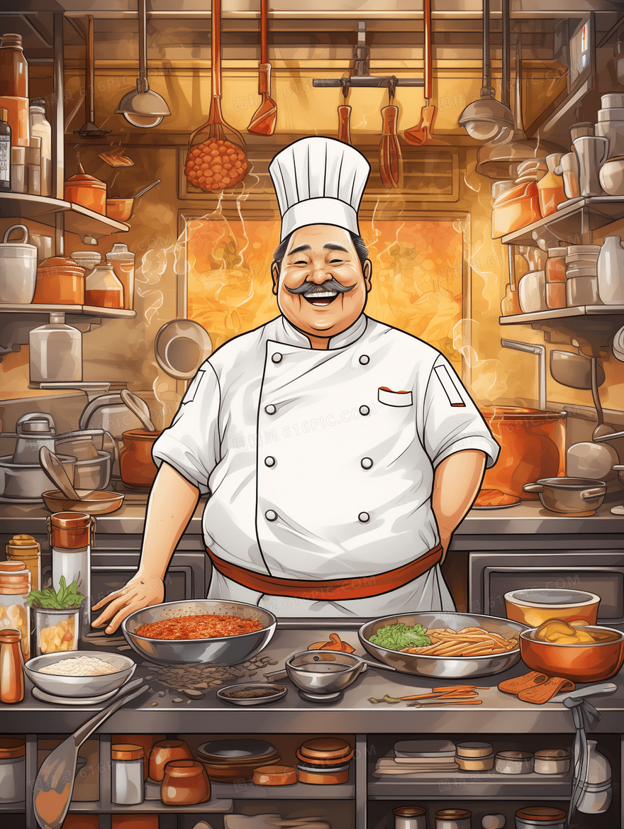 厨房丰富食材前快乐烹饪美食的厨师插画