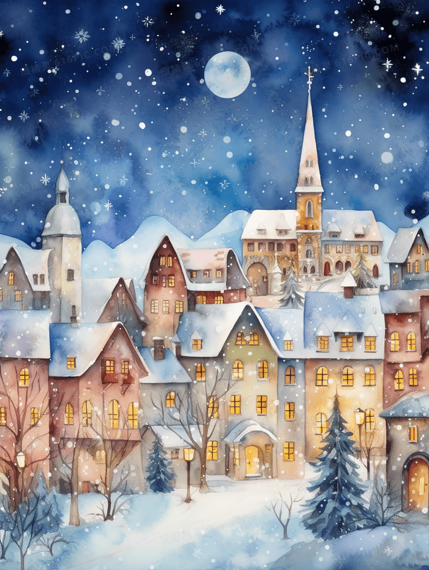 冬夜大雪天小镇里亮灯的房子建筑风景插画