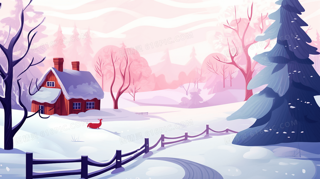 冬天大雪覆盖的村庄树林山野风景插画