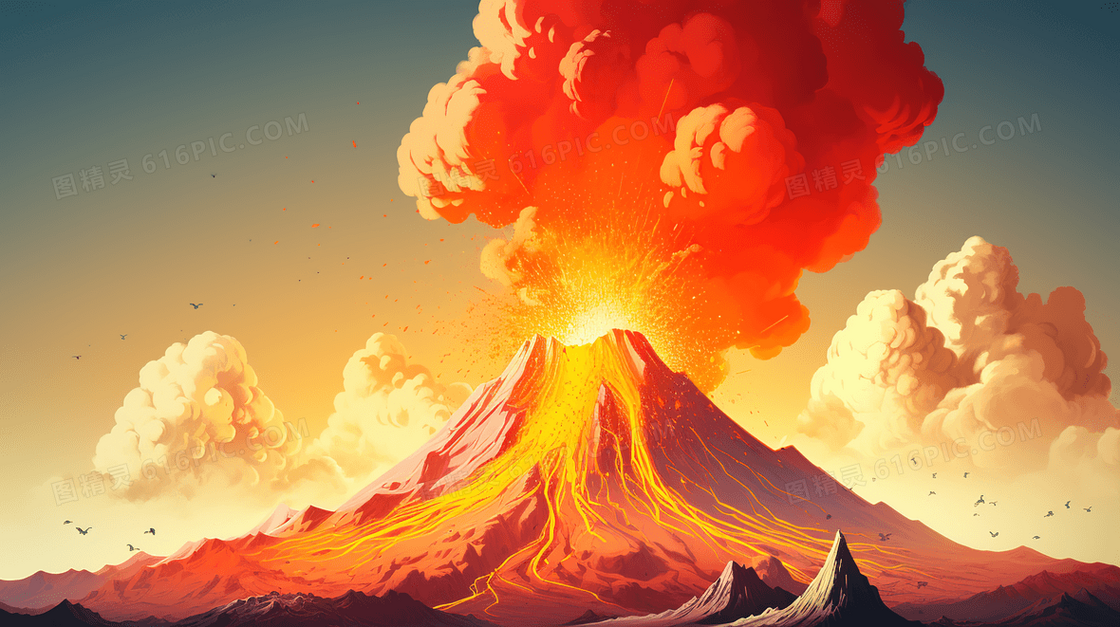 喷发红色火焰岩浆爆发中的火山插画