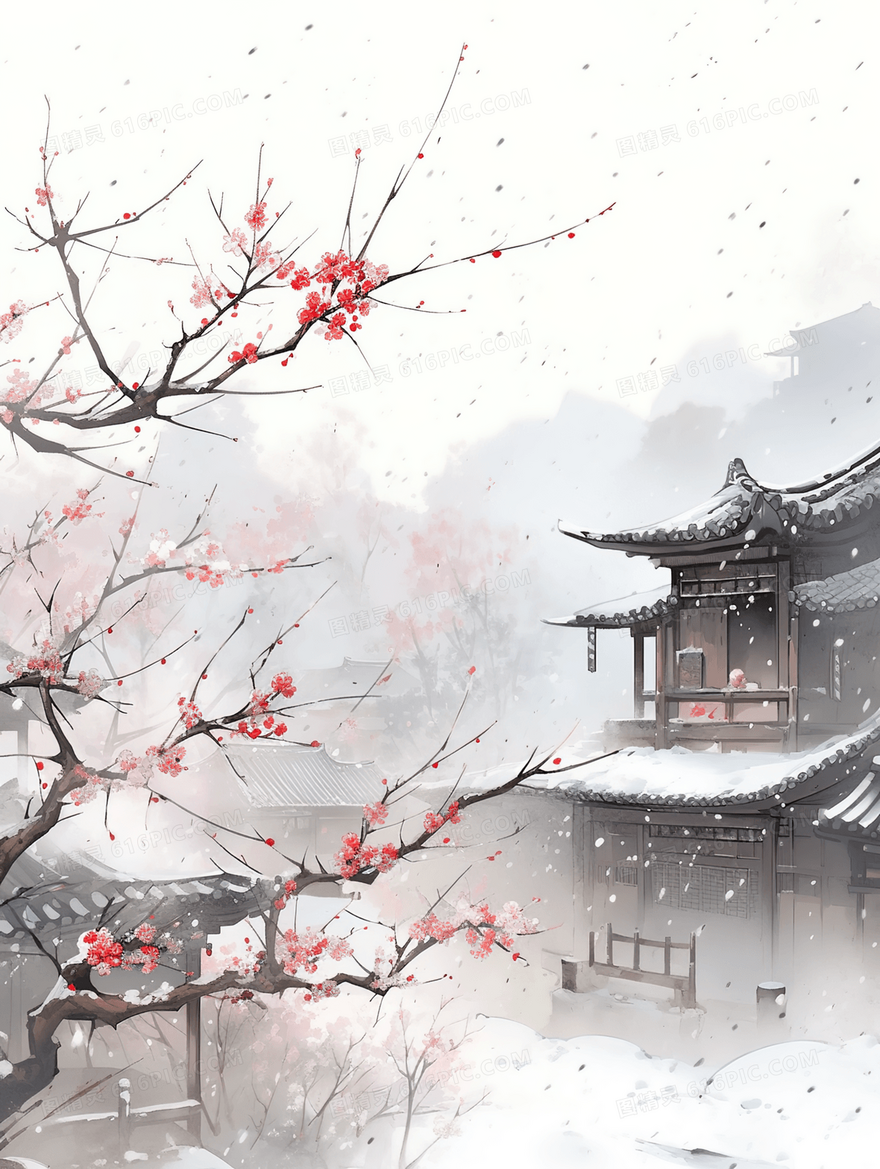 中国风冬天大雪中盛开的红色梅花建筑风景插画