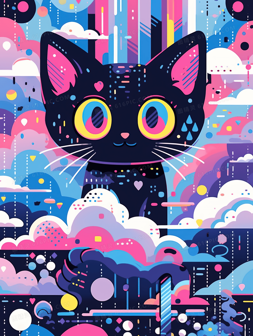 彩绘拼接图案云朵中的猫咪插画