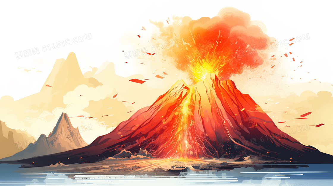 喷发红色火焰岩浆爆发中的火山插画