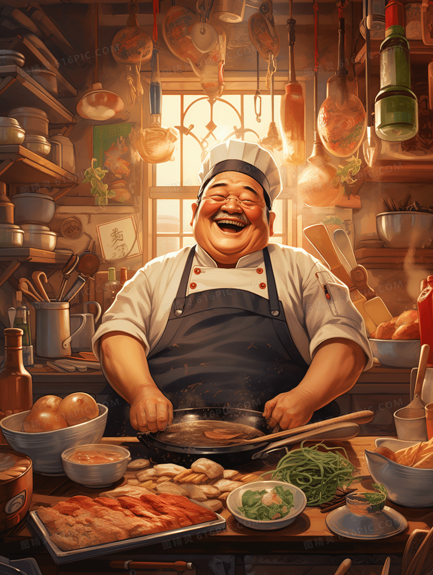 厨房丰富食材前快乐烹饪美食的厨师插画