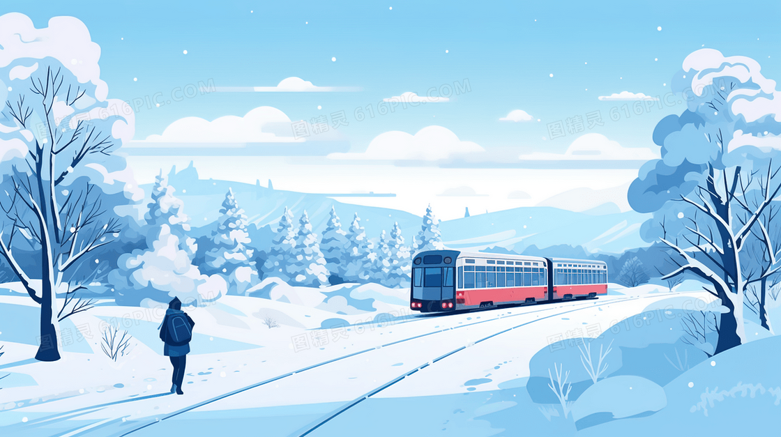 行驶在山林中雪地道路上的大巴车风景插画
