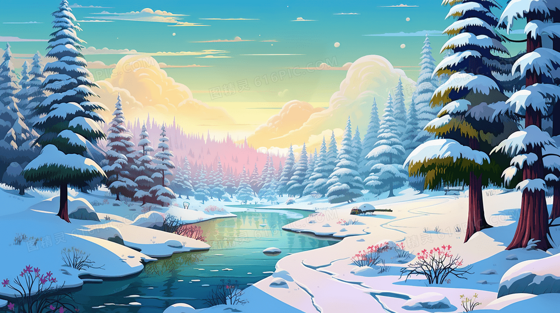 色彩缤纷的冬季仙境雪景插画