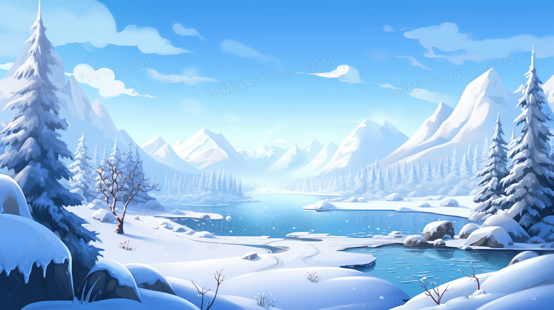 冬天被大雪覆盖的山林河流风景插画