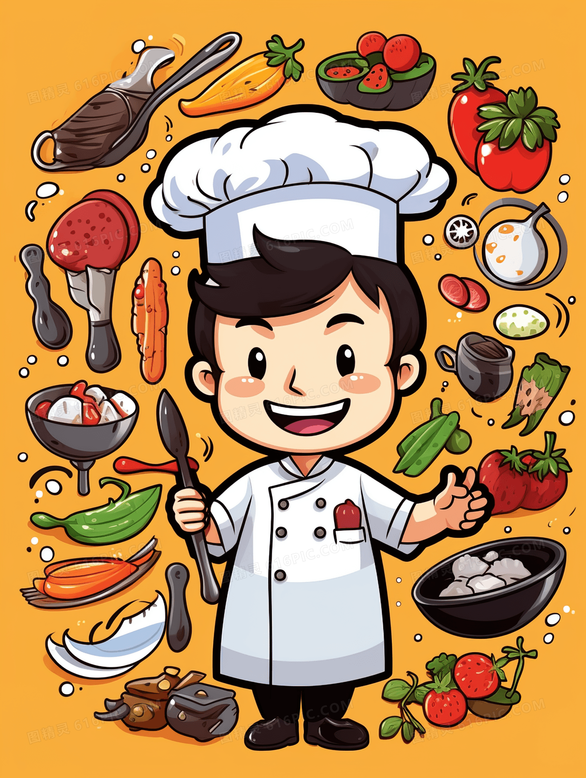 丰富的食材和烹饪的厨师卡通插画