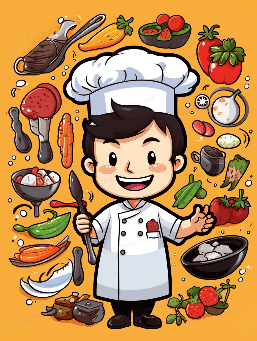 丰富的食材和烹饪的厨师卡通插画