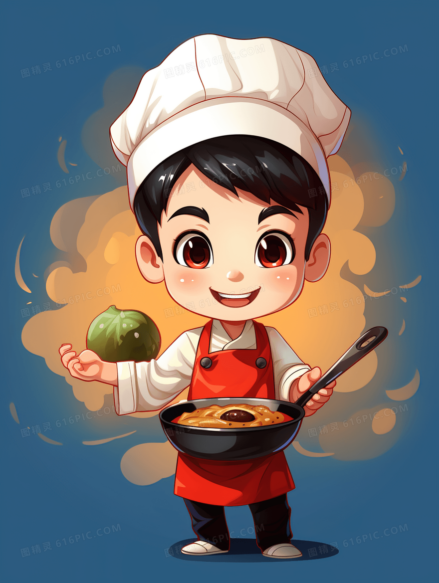 端着烹饪美食的厨师卡通可爱插画