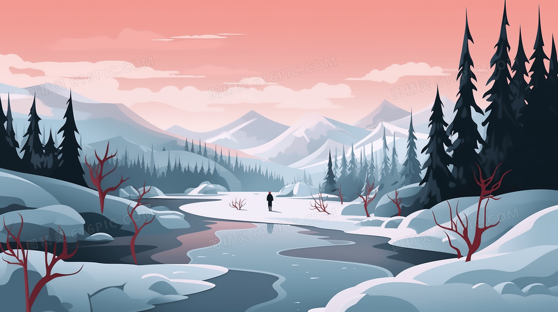 冬天被大雪覆盖的山林河流风景插画