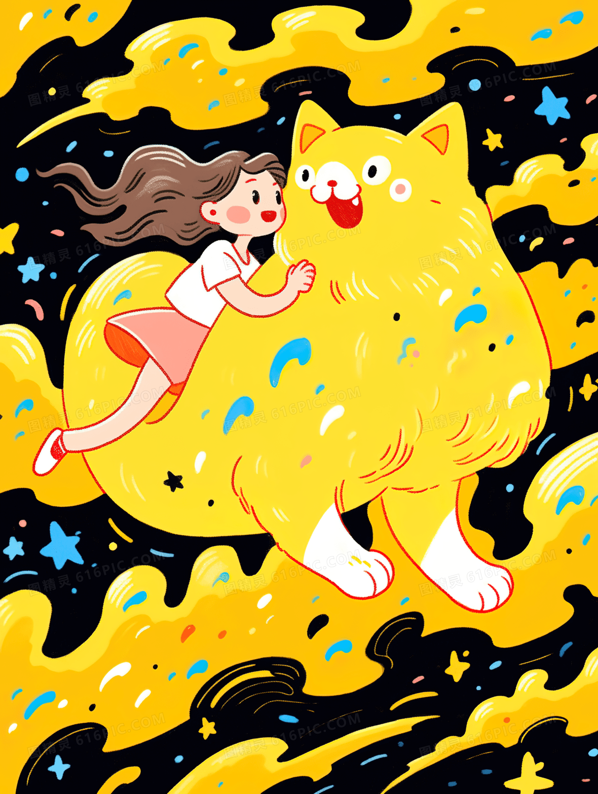 彩色手绘抱着小猫的女孩插画