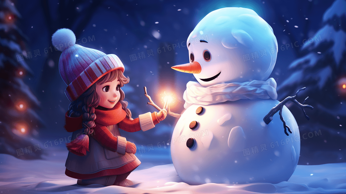 冬天雪地里堆雪人的小女孩插画