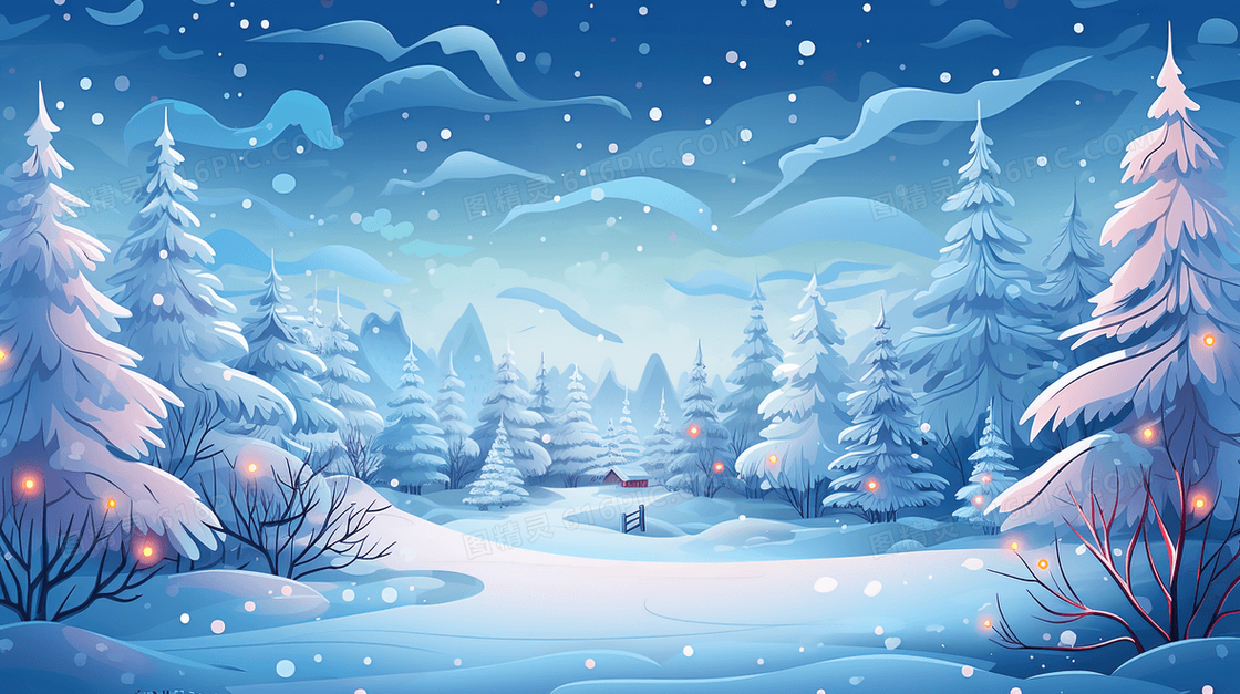 色彩缤纷的冬季仙境雪景插画