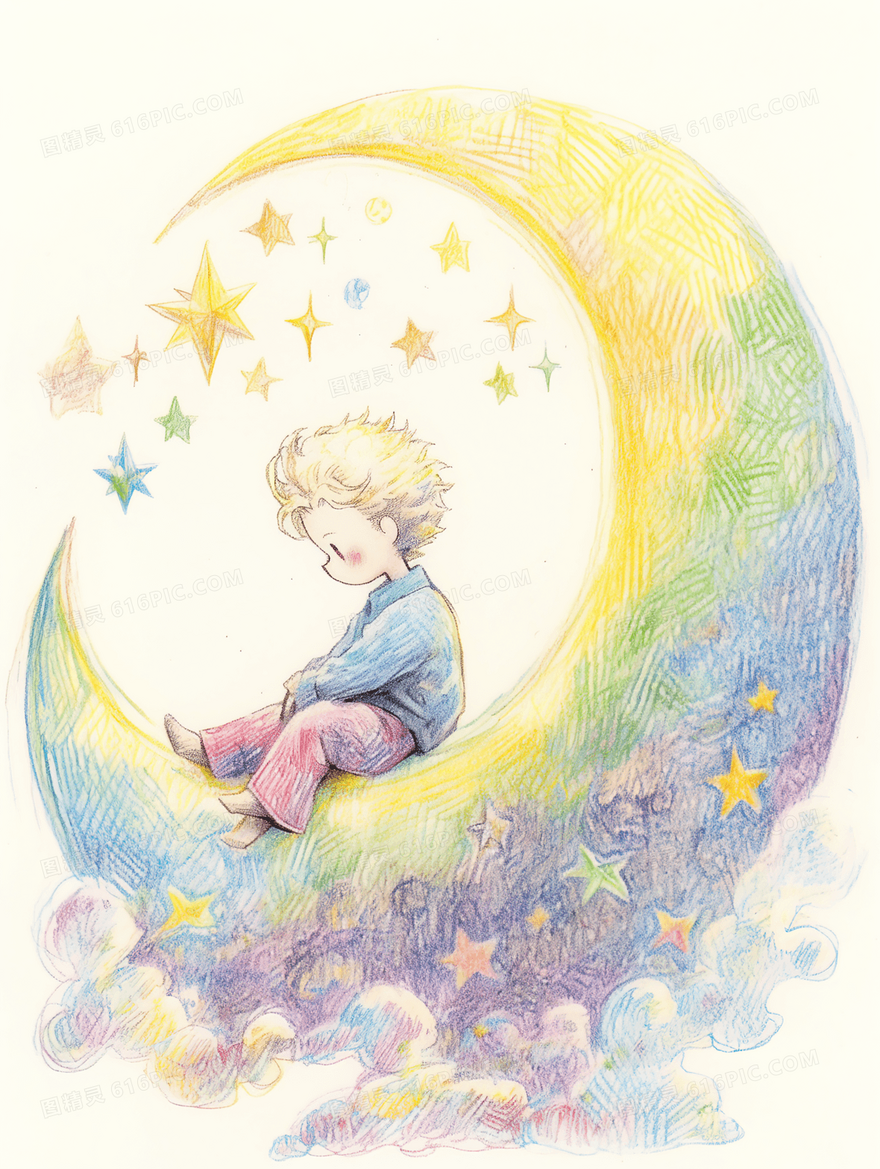 月亮星星中的小王子彩铅插画