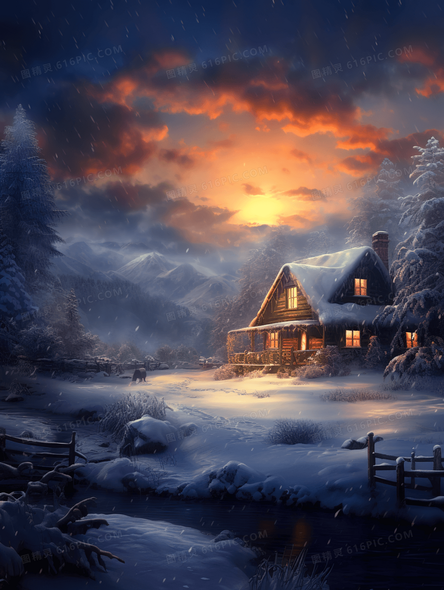 夜晚村庄雪地里灯火通明的小屋建筑风景插画