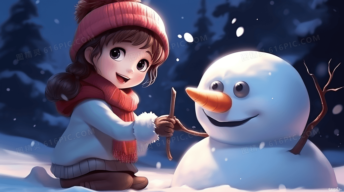 冬天雪地里堆雪人的小女孩插画