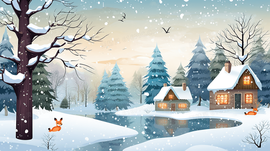 冬天大雪覆盖的村庄树林山野风景插画