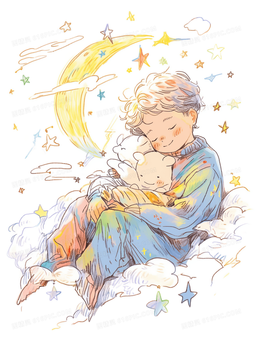 月亮星星中的小王子彩铅插画