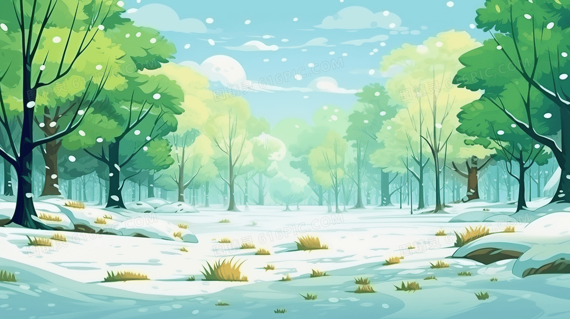 美丽明亮的雪地上绿色的树木插画