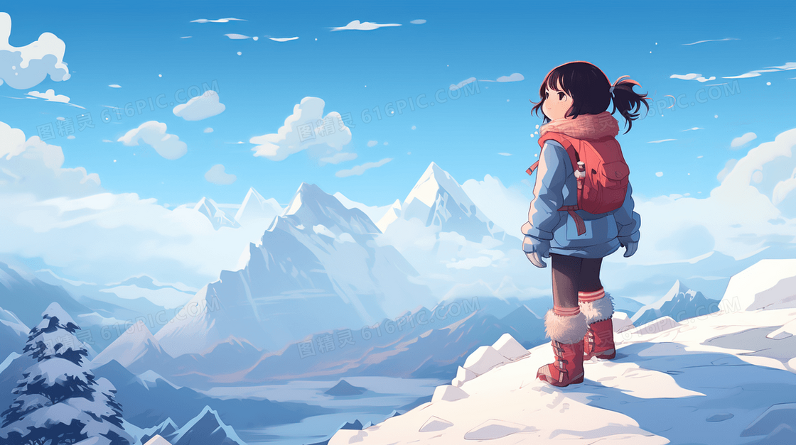 登上雪山之巅的登山员美景插画