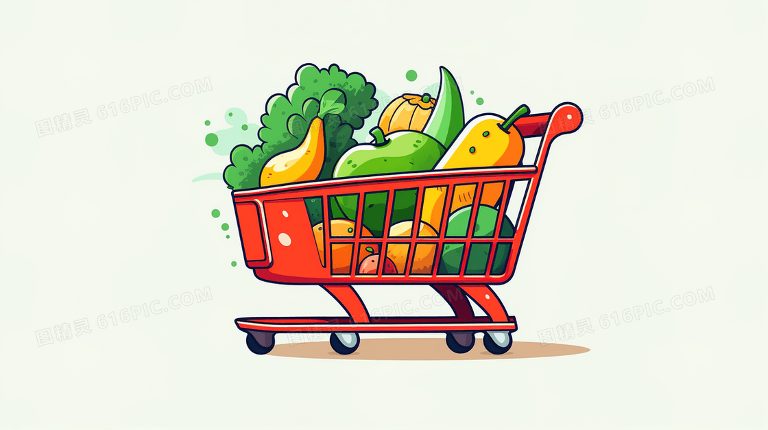 装满蔬菜水果的小推车插画