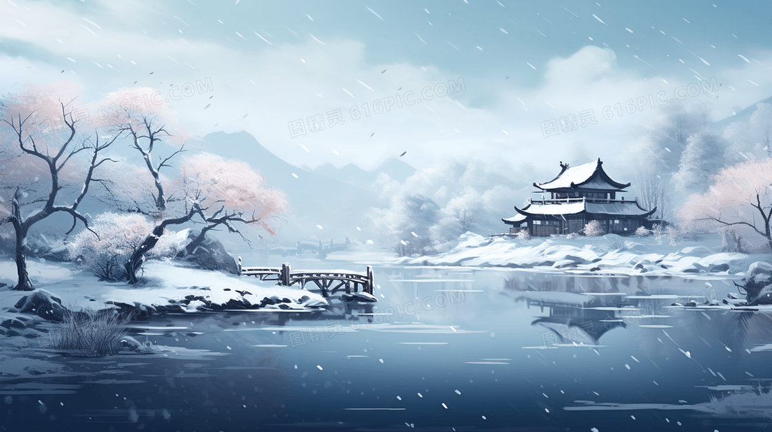 冬季中国风古建筑仙境雪景插画