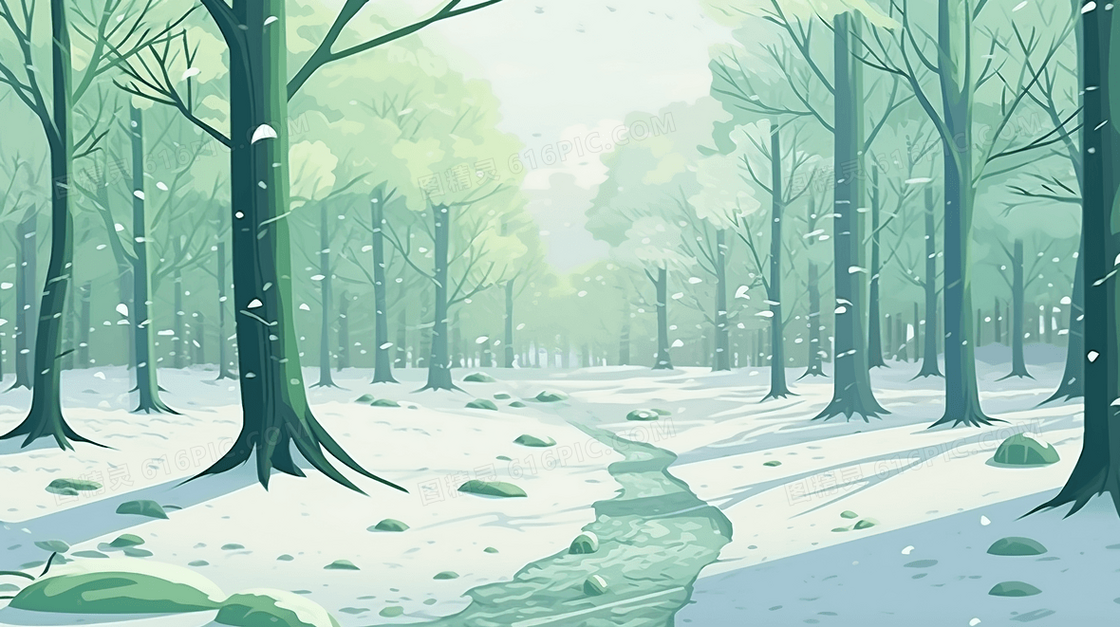 美丽明亮的雪地上绿色的树木插画