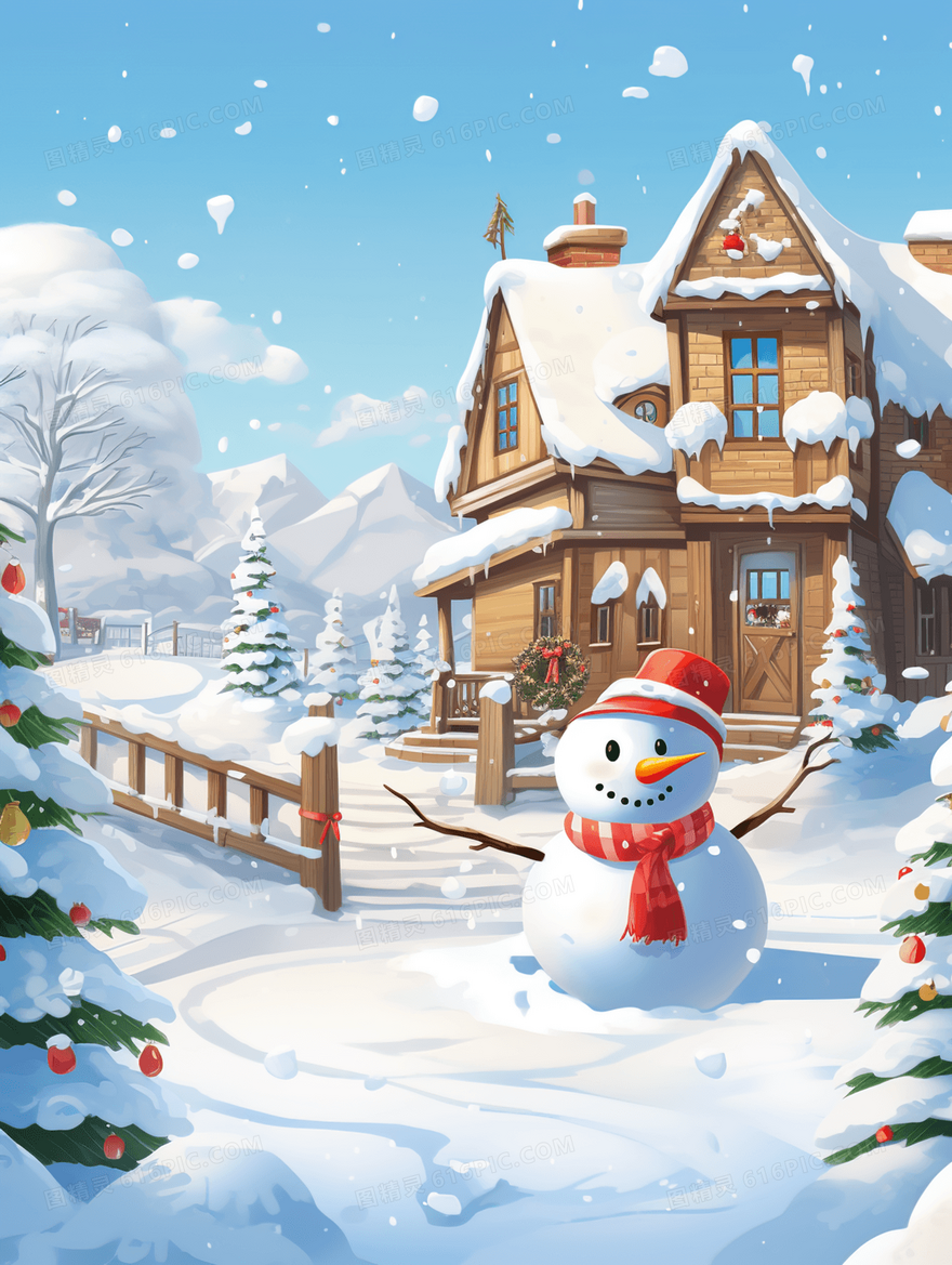 冬季下雪天村庄别墅院子里的雪人风景插画