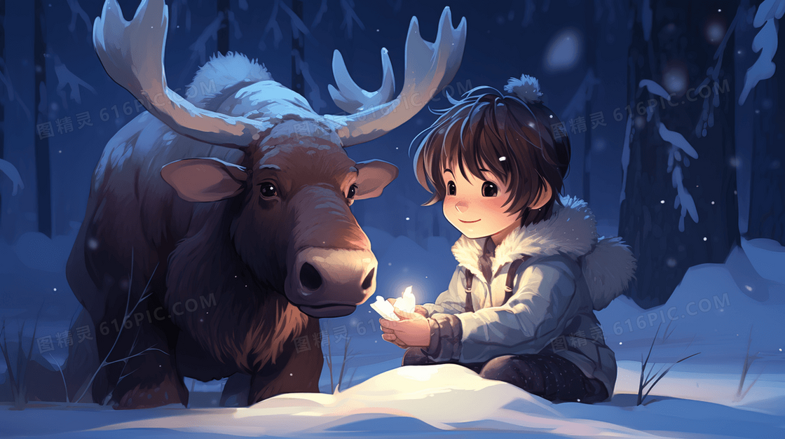 冬夜下雪天在野外雪地里的小孩和动物插画