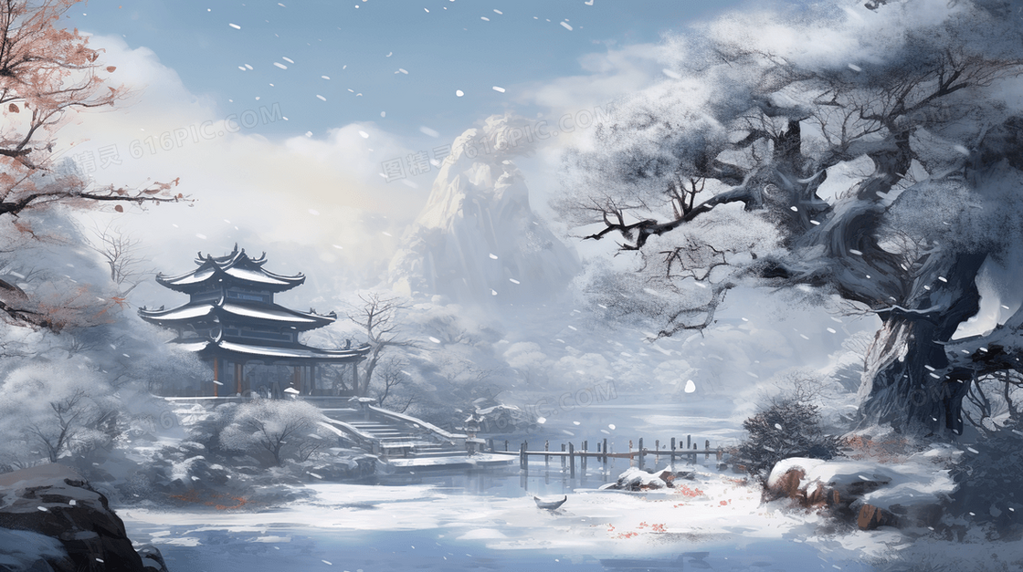 冬季中国风古建筑仙境雪景插画