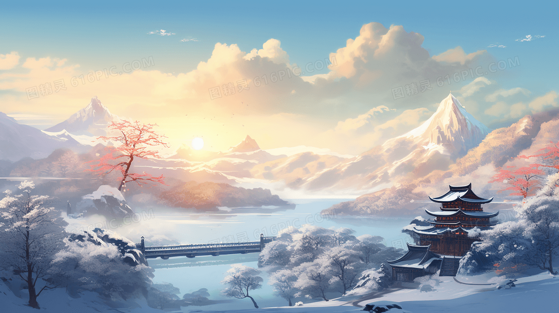 冬季中国古建筑仙境雪景插画