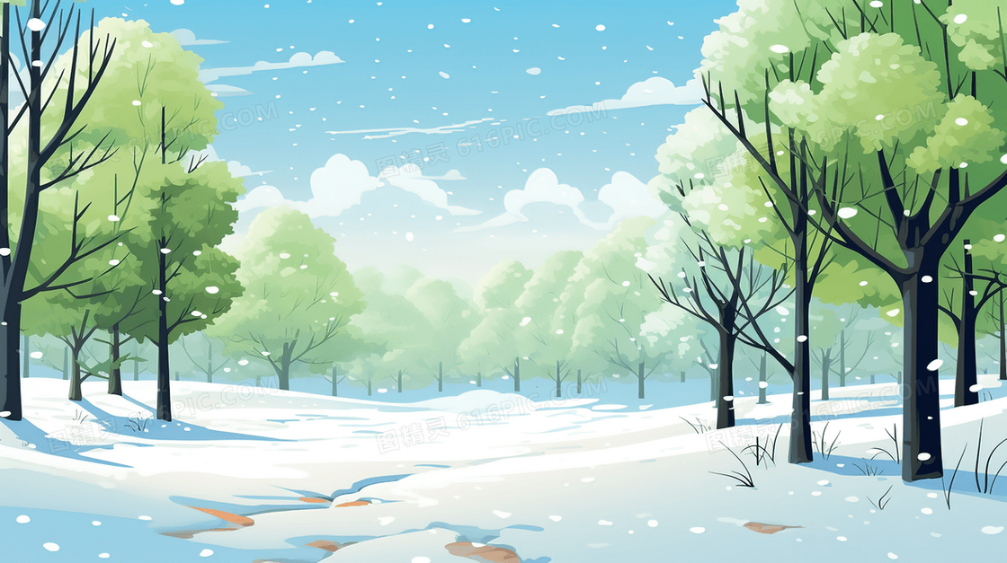 美丽明亮的雪地上绿色的树木插画