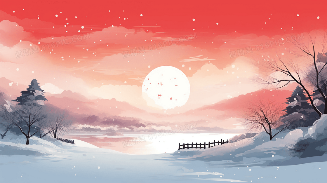 冬天夕阳下的山水雪景插画