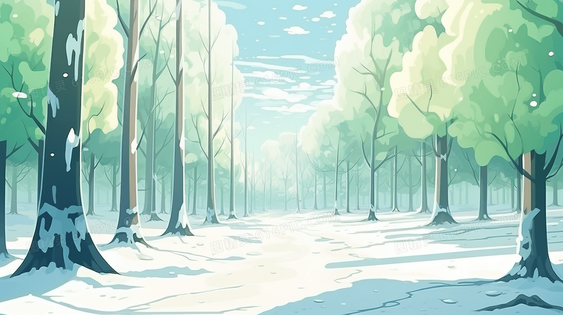 美丽明亮的雪地上绿色的树木插画