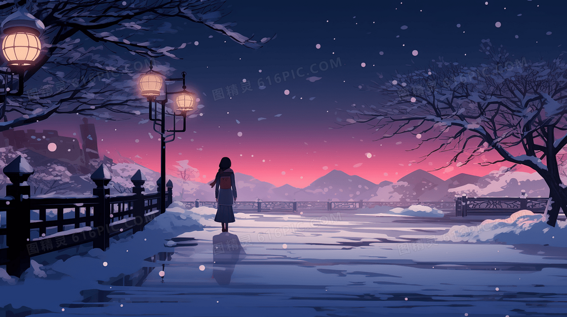大雪夜晚站在桥边的少女插画