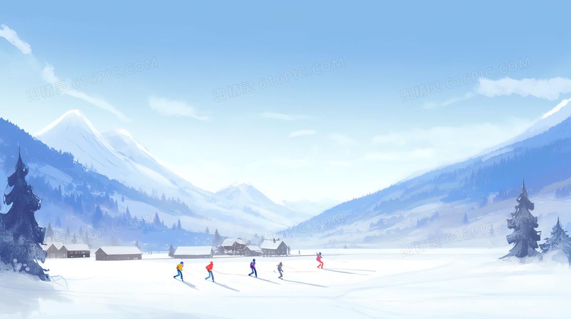 冬季雪原上玩耍的少年插画